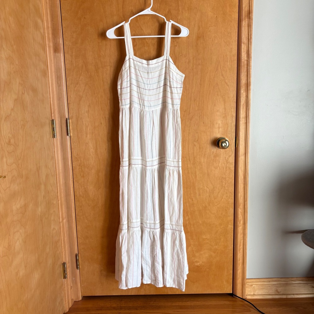 LOFT Striped Tieredโ Maxi Dress Womens 4 White Linen Blend Sleeveless Boho